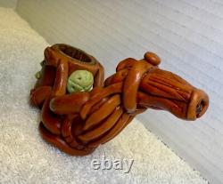 Vintage Hand-Carved Tribal Pipe Wooden Figurine with Pot & Leaves Folk Art Dec