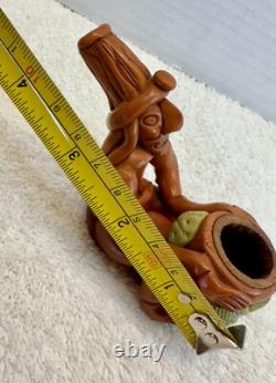 Vintage Hand-Carved Tribal Pipe Wooden Figurine with Pot & Leaves Folk Art Dec