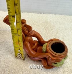 Vintage Hand-Carved Tribal Pipe Wooden Figurine with Pot & Leaves Folk Art Dec