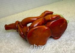 Vintage Hand-Carved Tribal Pipe Wooden Figurine with Pot & Leaves Folk Art Dec