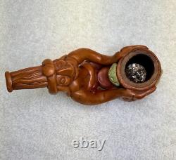 Vintage Hand-Carved Tribal Pipe Wooden Figurine with Pot & Leaves Folk Art Dec