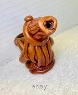 Vintage Hand-Carved Tribal Pipe Wooden Figurine with Pot & Leaves Folk Art Dec