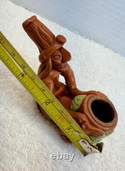 Vintage Hand-Carved Tribal Pipe Wooden Figurine with Pot & Leaves Folk Art Dec