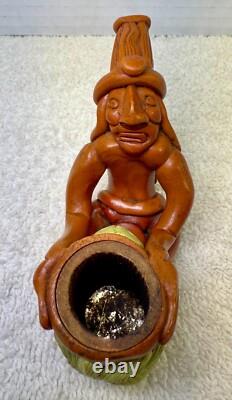Vintage Hand-Carved Tribal Pipe Wooden Figurine with Pot & Leaves Folk Art Dec