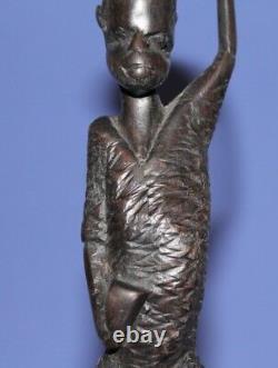 Vintage Hand Carved Wood African Man Carrying Bag On The Head Statuette