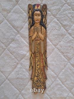 Vintage Hand Carved Wood Angel Wall Plaque Gold Gilt Folk Art 29 Mexico