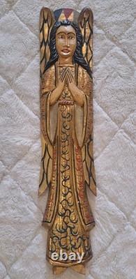 Vintage Hand Carved Wood Angel Wall Plaque Gold Gilt Folk Art 29 Mexico