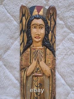 Vintage Hand Carved Wood Angel Wall Plaque Gold Gilt Folk Art 29 Mexico