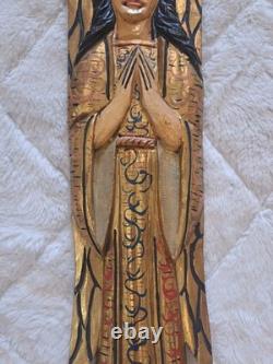 Vintage Hand Carved Wood Angel Wall Plaque Gold Gilt Folk Art 29 Mexico