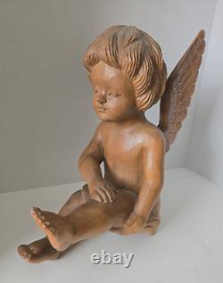 Vintage Hand Carved Wood Cherub Angel Putti Sitting Sculpture Folk Art Large 15