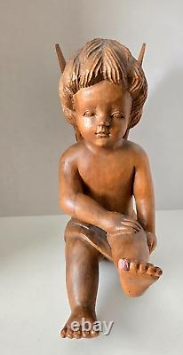Vintage Hand Carved Wood Cherub Angel Putti Sitting Sculpture Folk Art Large 15