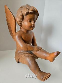 Vintage Hand Carved Wood Cherub Angel Putti Sitting Sculpture Folk Art Large 15