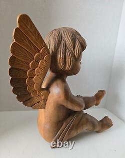 Vintage Hand Carved Wood Cherub Angel Putti Sitting Sculpture Folk Art Large 15