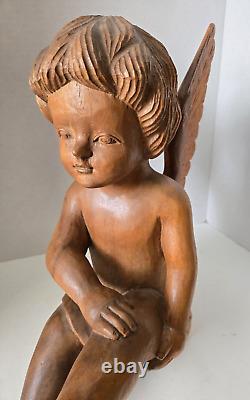 Vintage Hand Carved Wood Cherub Angel Putti Sitting Sculpture Folk Art Large 15