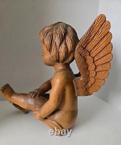 Vintage Hand Carved Wood Cherub Angel Putti Sitting Sculpture Folk Art Large 15