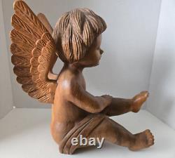 Vintage Hand Carved Wood Cherub Angel Putti Sitting Sculpture Folk Art Large 15