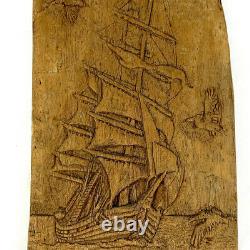 Vintage Hand Carved Wood Clipper Ship Boat Nautical Ocean Folk Orig Art Signed