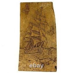 Vintage Hand Carved Wood Clipper Ship Boat Nautical Ocean Folk Orig Art Signed