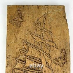 Vintage Hand Carved Wood Clipper Ship Boat Nautical Ocean Folk Orig Art Signed