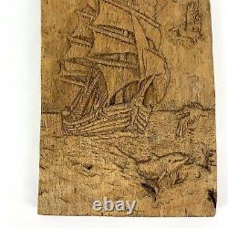 Vintage Hand Carved Wood Clipper Ship Boat Nautical Ocean Folk Orig Art Signed