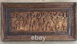 Vintage Hand Carved Wood Figure Portrait Village Scene Folk Art Relief Sculpture