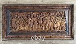 Vintage Hand Carved Wood Figure Portrait Village Scene Folk Art Relief Sculpture