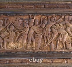 Vintage Hand Carved Wood Figure Portrait Village Scene Folk Art Relief Sculpture