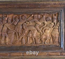 Vintage Hand Carved Wood Figure Portrait Village Scene Folk Art Relief Sculpture