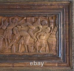 Vintage Hand Carved Wood Figure Portrait Village Scene Folk Art Relief Sculpture