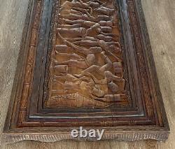 Vintage Hand Carved Wood Figure Portrait Village Scene Folk Art Relief Sculpture