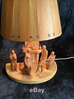 Vintage Hand Carved Wood Folk Art G. Fortin Figural Family Sculpture Table Lamp