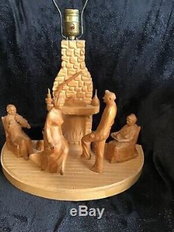 Vintage Hand Carved Wood Folk Art G. Fortin Figural Family Sculpture Table Lamp