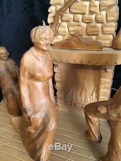 Vintage Hand Carved Wood Folk Art G. Fortin Figural Family Sculpture Table Lamp