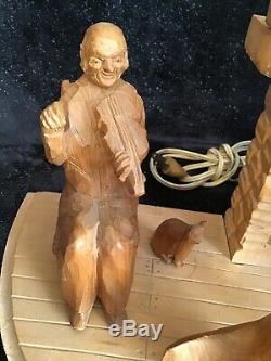 Vintage Hand Carved Wood Folk Art G. Fortin Figural Family Sculpture Table Lamp