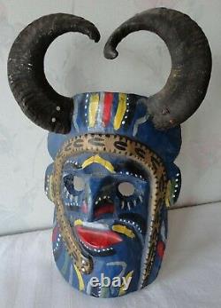 Vintage Hand Carved Wood Folk Art Mask Wall Hanging Ram Horns Colorful & Creepy