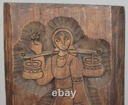 Vintage Hand Carved Wood Wall Hanging Plaque Woman With Folk Dress