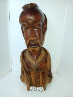 Vintage Hand Carved Wooden Bust Beard Man Head Sculpture Folk Art Statue 15 T