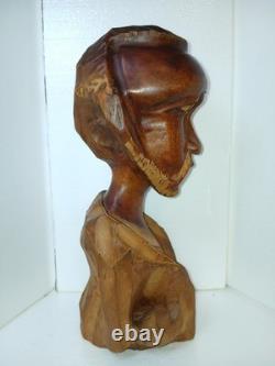 Vintage Hand Carved Wooden Bust Beard Man Head Sculpture Folk Art Statue 15 T