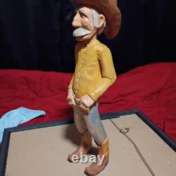 Vintage Hand Carved Wooden Cowboy Folk Art Figure Signed Artist Rustic Deco