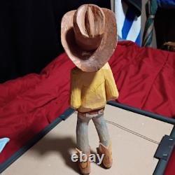 Vintage Hand Carved Wooden Cowboy Folk Art Figure Signed Artist Rustic Deco