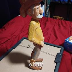 Vintage Hand Carved Wooden Cowboy Folk Art Figure Signed Artist Rustic Deco
