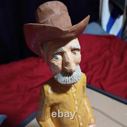Vintage Hand Carved Wooden Cowboy Folk Art Figure Signed Artist Rustic Deco