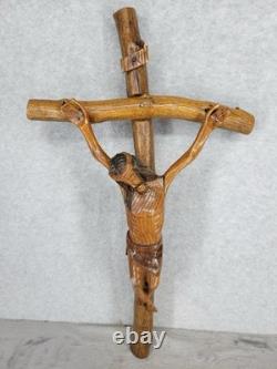 Vintage Hand Carved Wooden Crucifix 25 Wall Cross Rustic Folk Art Jesus