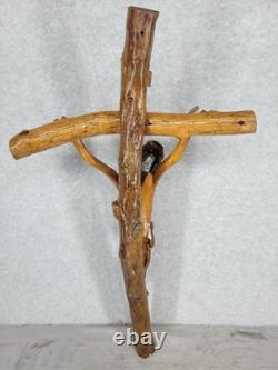 Vintage Hand Carved Wooden Crucifix 25 Wall Cross Rustic Folk Art Jesus