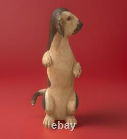 Vintage Hand-Carved Wooden Dog Sculpture Standing Upright Folk Art Figurine