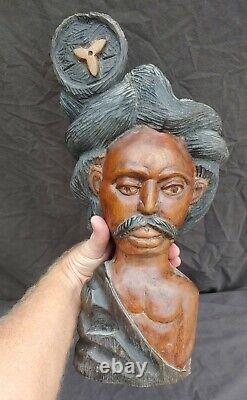 Vintage Hand Carved Wooden Ethnic Man Folk Art Statue Bust Figure Wood Carving