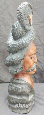 Vintage Hand Carved Wooden Ethnic Man Folk Art Statue Bust Figure Wood Carving