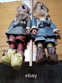 Vintage Hand Carved Wooden Folk Art Dolls with handmade Clothing signed