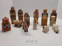 Vintage Hand Carved Wooden Folk Art Nativity Set12, H. R. Mittendorf Signed Dated