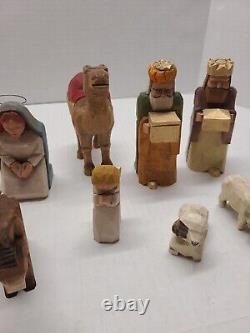 Vintage Hand Carved Wooden Folk Art Nativity Set12, H. R. Mittendorf Signed Dated